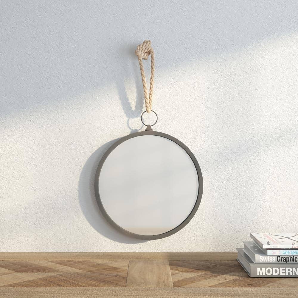 Nautical Charm Round 13" Silver and Wood Wall Mirror with Rope