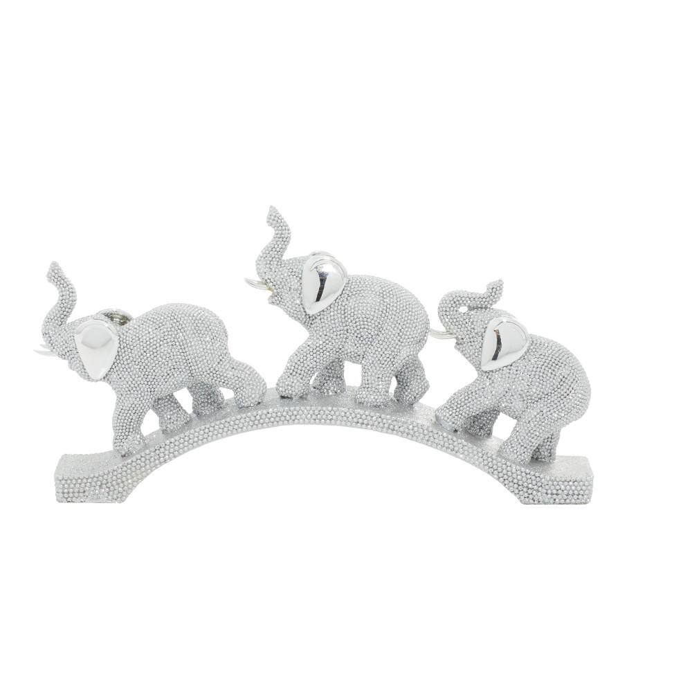Silver Polystone Elephant Sculpture on Curved Base