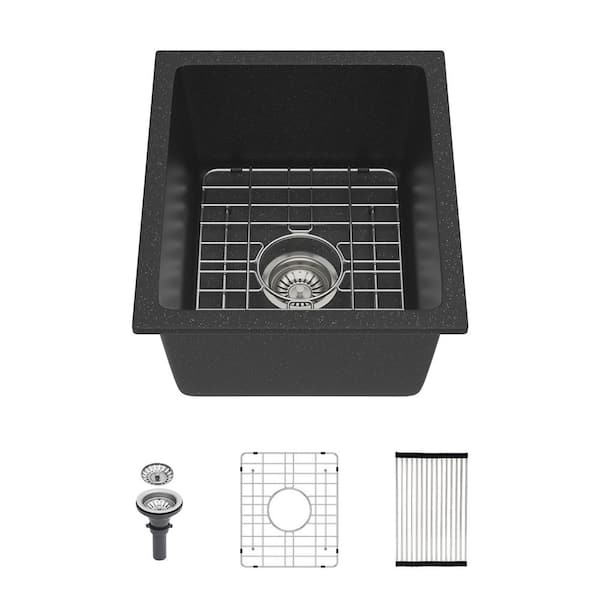 15 in. Undermount Single Bowl Black Quartz Kitchen Sink with Bottom Grids