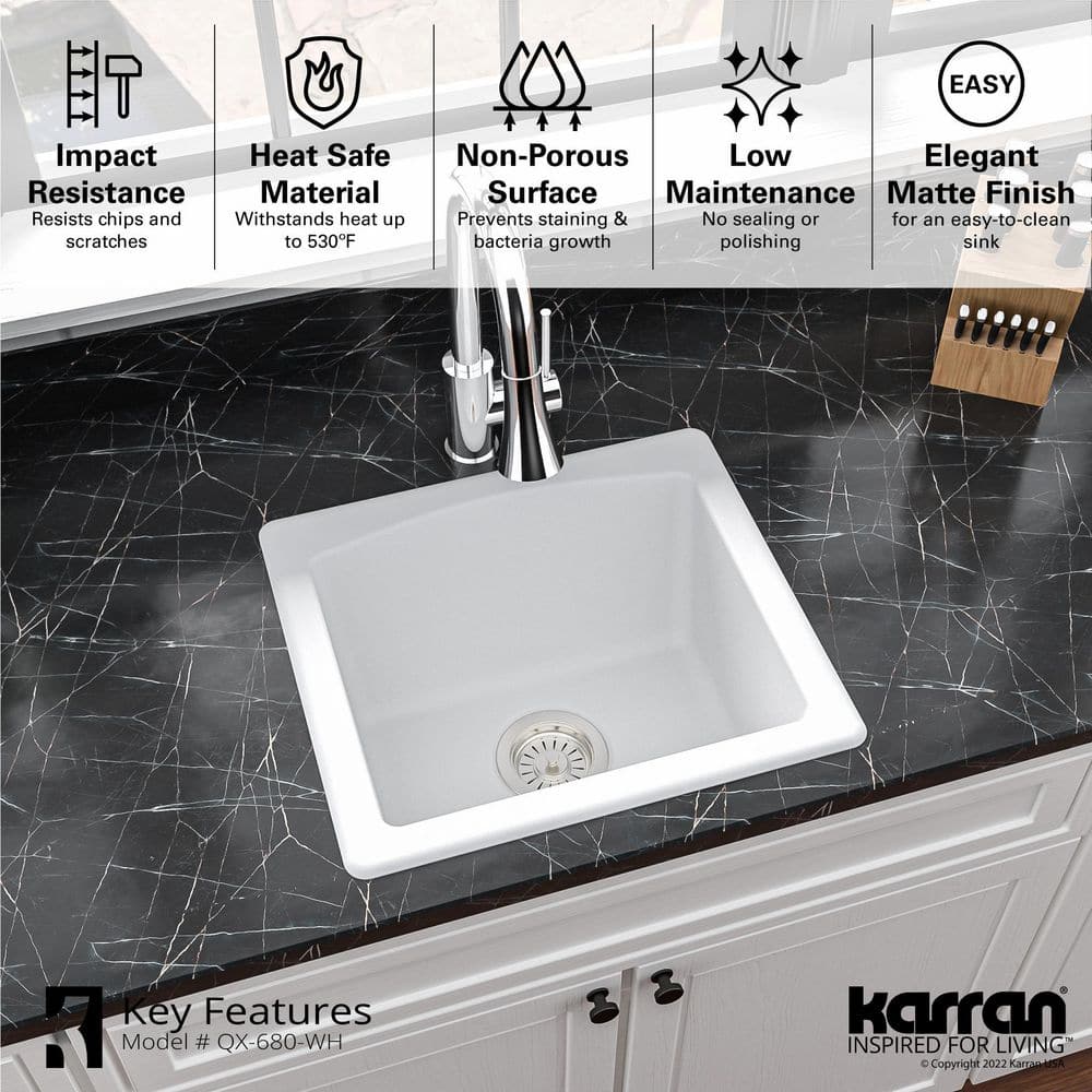 White Quartz Composite Single Bowl Drop-in Kitchen Sink