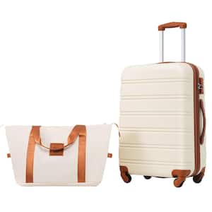 2-Piece White and Brown ABS Hardshell 24 in. Spinner Luggage Set with Travel Bag, TSA Lock, 3-Step Telescoping Handle