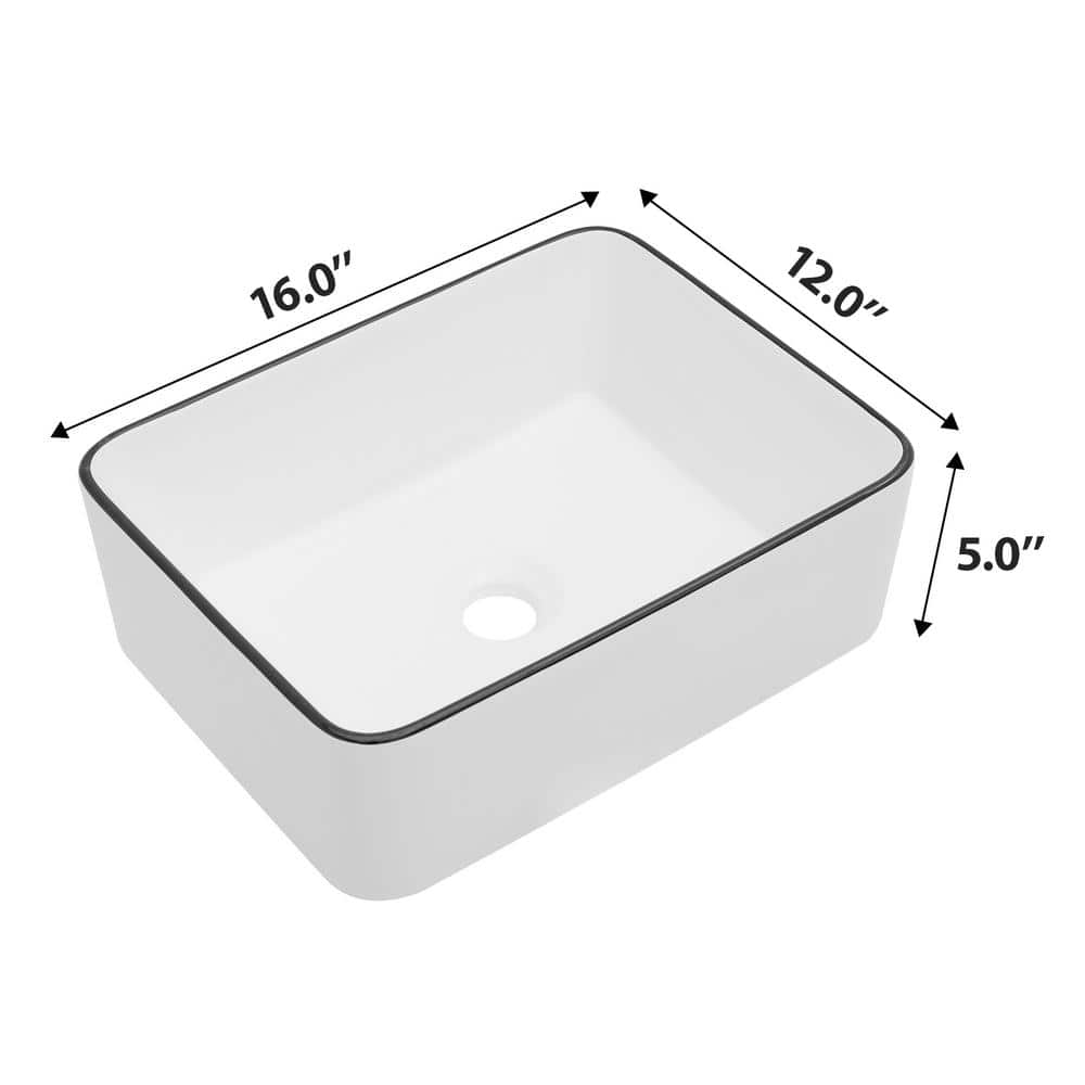 16 x 12 Inch White Ceramic Rectangular Vessel Sink with Black Rim