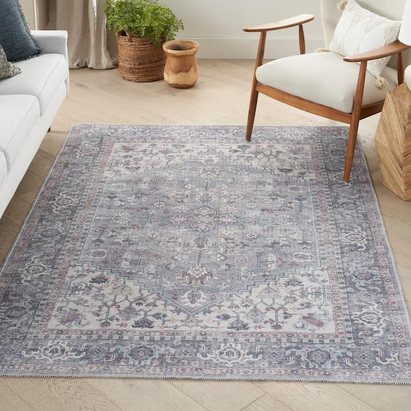 57 Grand Machine Washable Grey 5 ft. x 7 ft. Bordered Traditional Area Rug