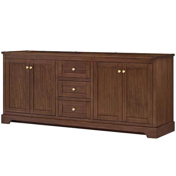 Avery 79 in. Bath Vanity Cabinet without Top in Dark Walnut with Brushed Gold Trim