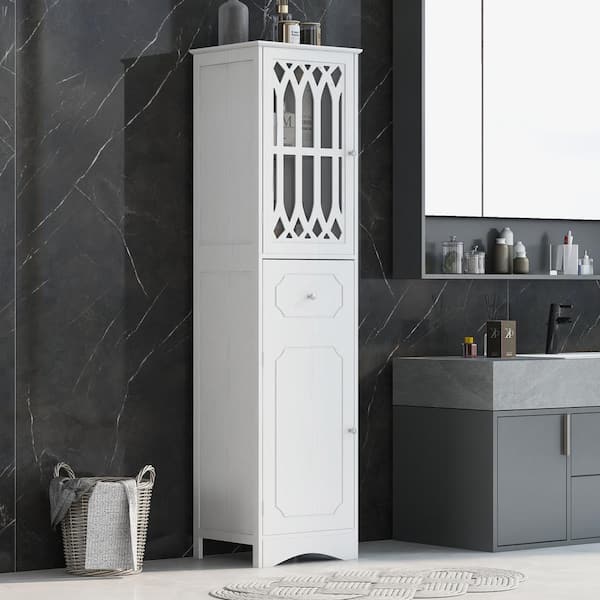 Bnuina 16.5 in. W x 14.2 in. D x 63.8 in. H White Freestanding Linen Cabinet with Acrylic Door and Adjustable Shelf in White