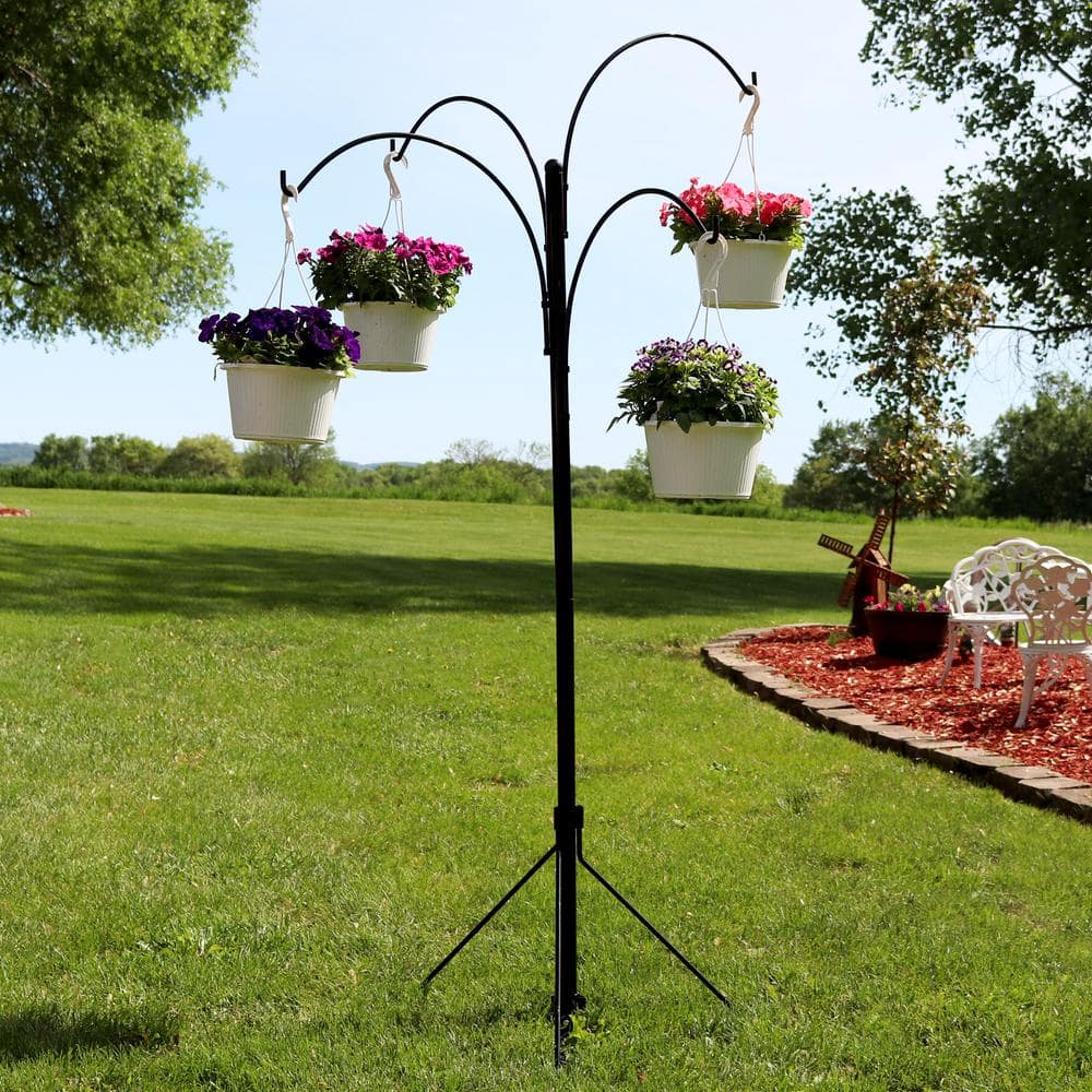 84" Black Powder-Coated Steel 4-Arm Hanging Basket Plant Stand