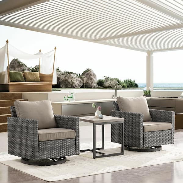 Gymojoy Valenta 3-Pcs Wicker Patio Conversation Set with Gray Cushions