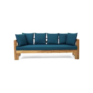 Acacia Wood Outdoor Pull Out Retractable Day Bed Leisure Bench for Patio Pool Side with Cushions Pillows Blue