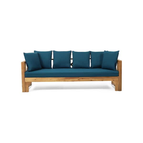 Unbranded Acacia Wood Outdoor Pull Out Retractable Day Bed Leisure Bench for Patio Pool Side with Cushions Pillows Blue