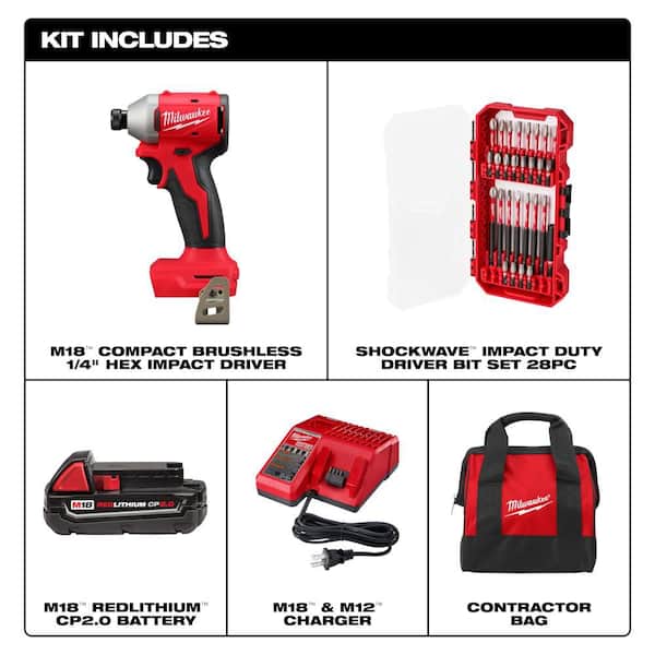 M18 18V Compact Brushless 1/4 in. Impact Driver Kit w/ 2. 0Ah Battery, Charger, Bag with SHOCKWAVE SHOCKWAVE 28-Pc Set
