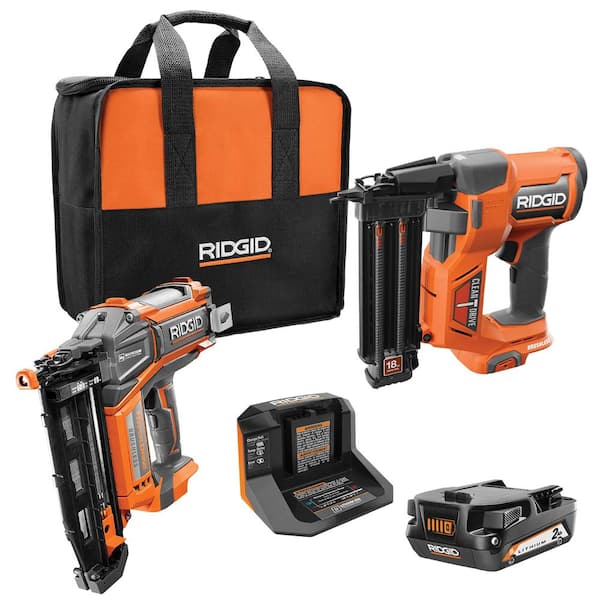 RIDGID 18V Brushless Cordless 18-Gauge 2-1/8 in. Brad Nailer with 16-Gauge Straight Finish Nailer, 2.0 Ah Battery, and Charger