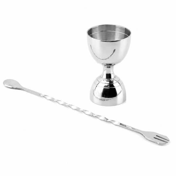 Stainless Steel Double-Sided Cocktail Jigger 2 oz. and 1 oz. with 26 cm Mixing Spoon for Precise Liquor