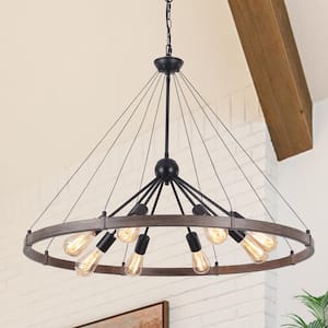 8-Light Black and Wood Grain Circle Wagon Wheel Chandelier Sputnik Chandelier for Dining Room with No Bulbs Included