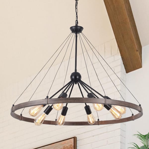 ZJVAIVE 8-Light Black and Wood Grain Circle Wagon Wheel Chandelier Sputnik Chandelier for Dining Room with No Bulbs Included