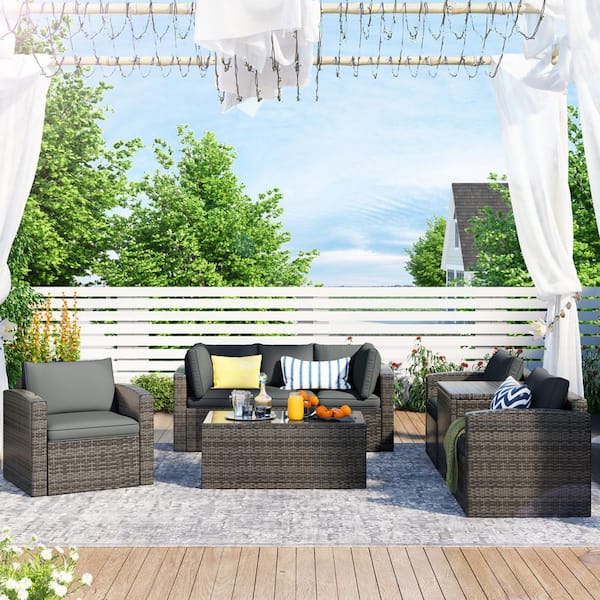 Wateday Grey 7-Piece Wicker Outdoor Patio Sofa Set with Grey Cushion