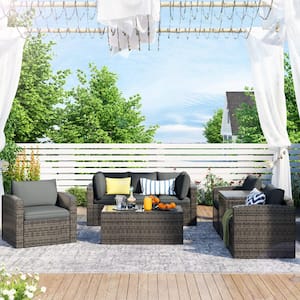 Grey 7-Piece Wicker Outdoor Patio Sofa Set with Grey Cushion