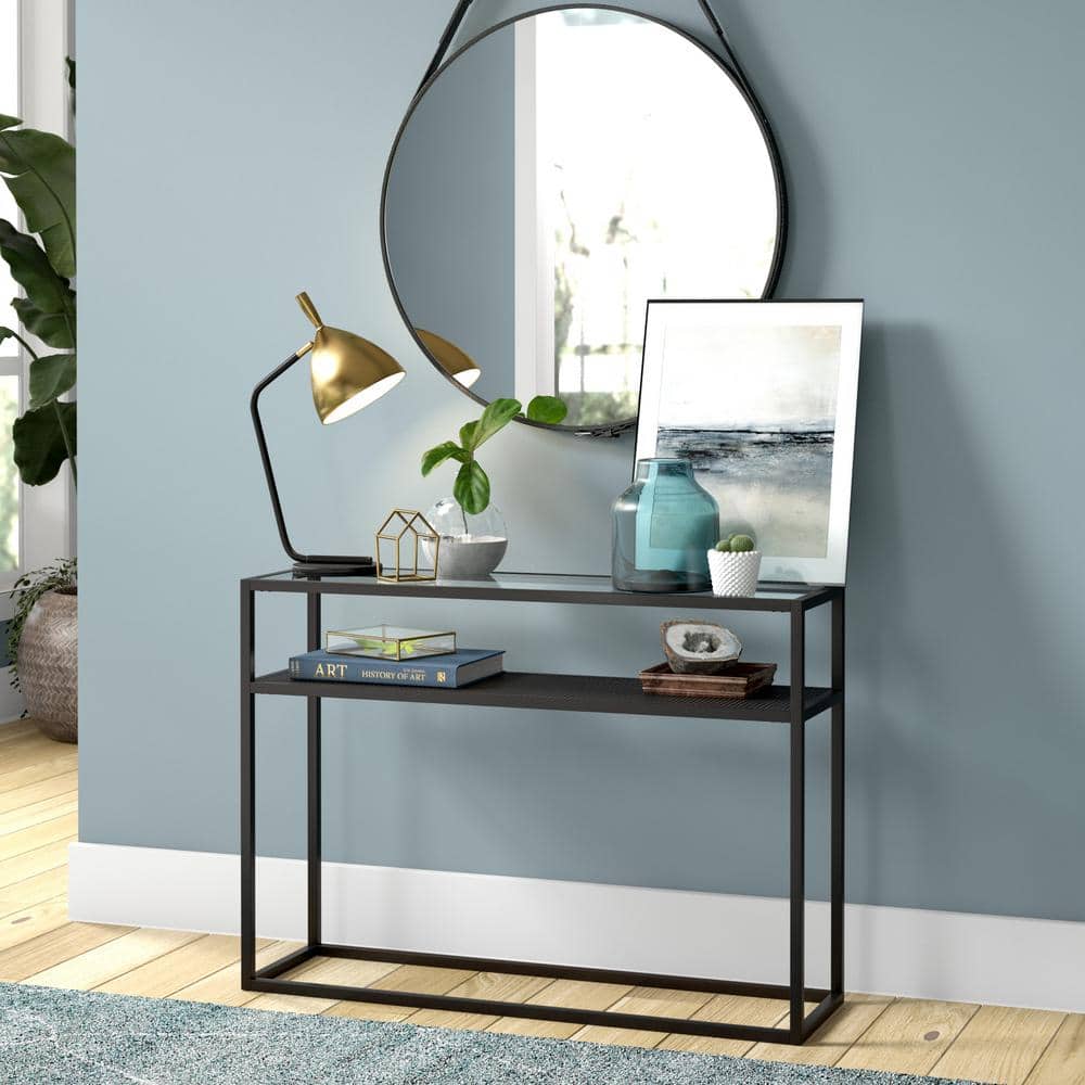 Nellie 42" Blackened Bronze Console Table with Metal Mesh Storage Shelf