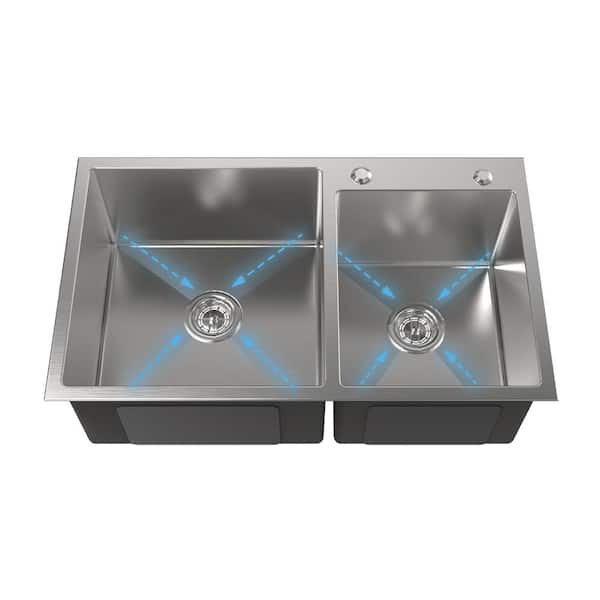 32 in. Drop-in Double Bowl (60/40) 16 Gauge Brushed Nickel Stainless Steel Kitchen Sink with Drain