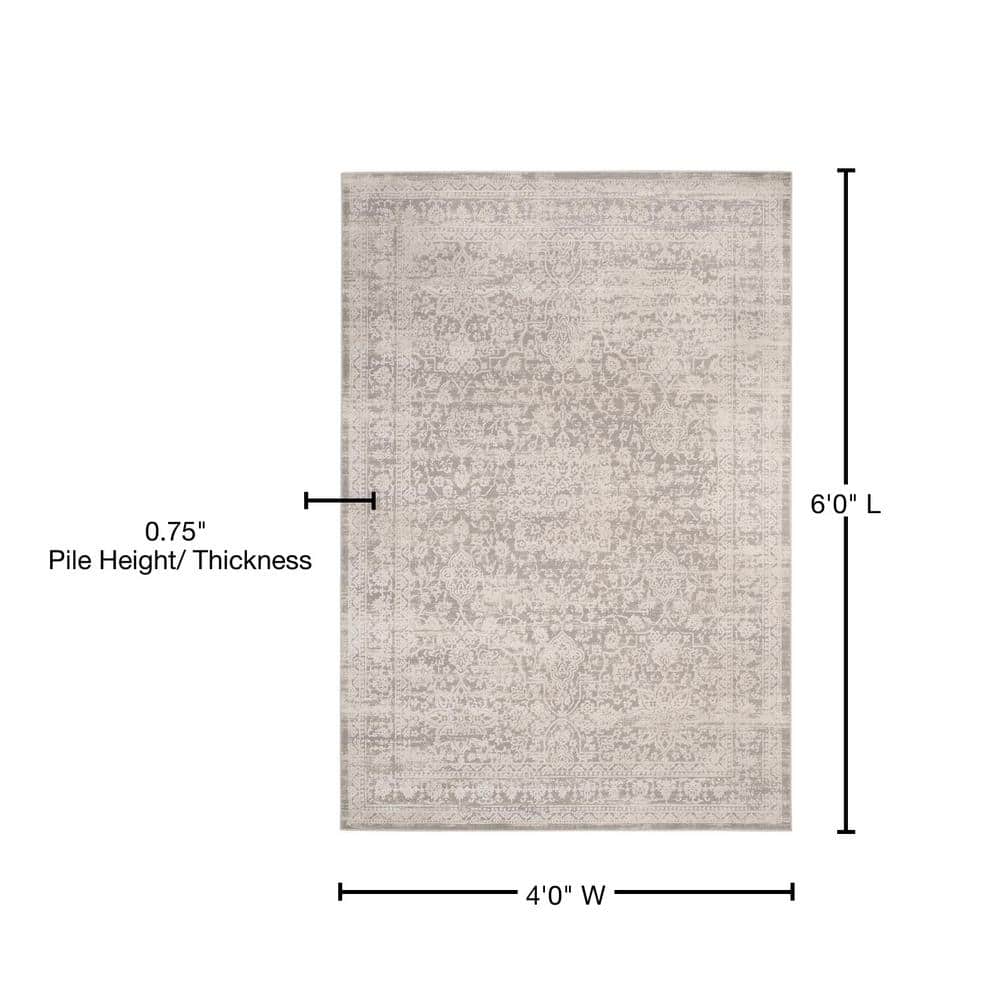Gray Floral Motif Cotton Synthetic 4' x 6' Area Rug