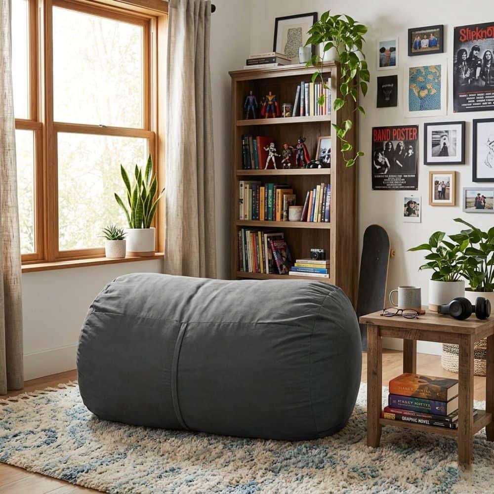 CORN Modern Cylindrical Polyester Foam Filled Bean Bag Chair with Removable Cover in Charcoal Gray