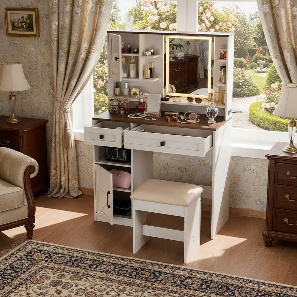 ALASO 37 in. Farmhouse Makeup Vanity Set with Lighted Mirror Power Outlets and Storage Cabinets, in Antique White price history on PriceWatchPro