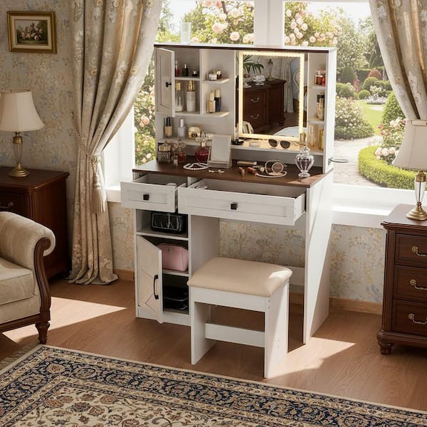 ALASO 37 in. Farmhouse Makeup Vanity Set with Lighted Mirror Power Outlets and Storage Cabinets, in Antique White