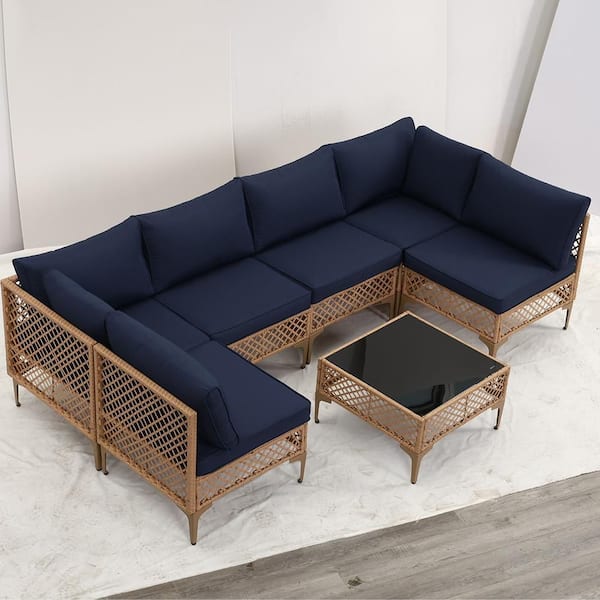 7-Piece Yellow Wicker Patio Conversation Set with Blue Cushions for Backyard