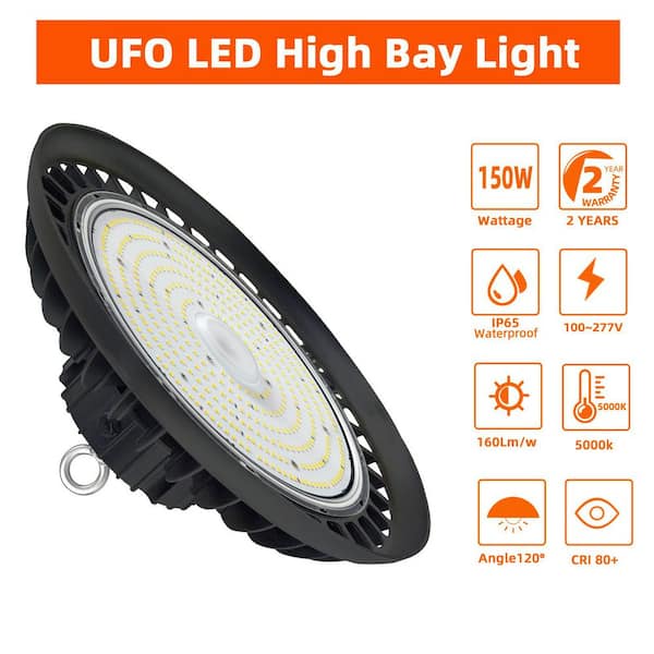 Bieuoram 11 in. 150W Integrated LED Balck High Bay Light, 24000LM