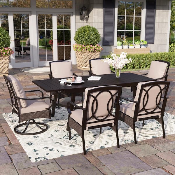 PHI VILLA 7-Piece Metal Patio Outdoor Dining Set with Black Rectangle Dining Table with Extension and Chairs with Beige Cushions