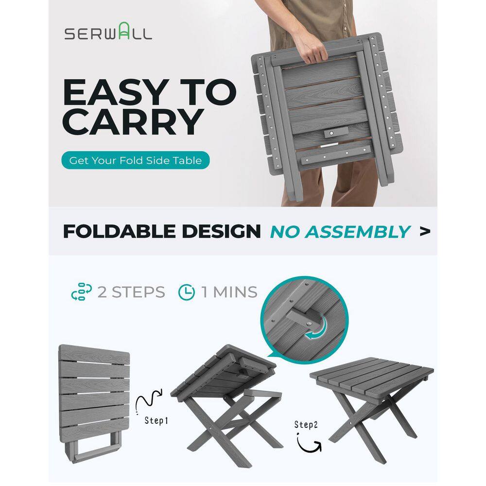 Gray HDPE Folding Outdoor Side Table with Slatted Top