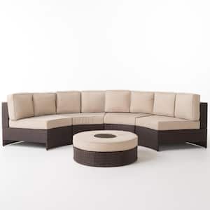 5-Piece Faux Rattan Patio Sectional Seating Set with Textured Beige Cushions