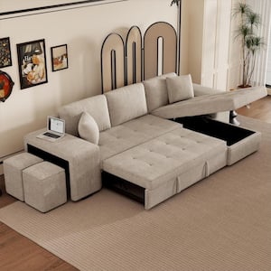 104.5 in. Cream Chenille Full Size Sofa Bed, L Shaped Modern Sectional Sofa with Storage Chaise and Stools