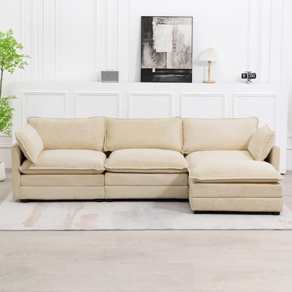 112 in. W 4-Piece Modern Corduroy Sectional Sofa in. Khaki with Ottoman