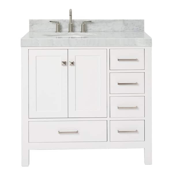 Cambridge 36 in. Single Sink Freestanding Bathroom Vanity in White with Carrara White Marble Top
