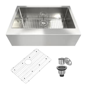 33 in. Farmhouse/Apron-Front Single Bowl 18 Gauge Brushed Stainless Steel Kitchen Sink with Bottom Grid and Strainer