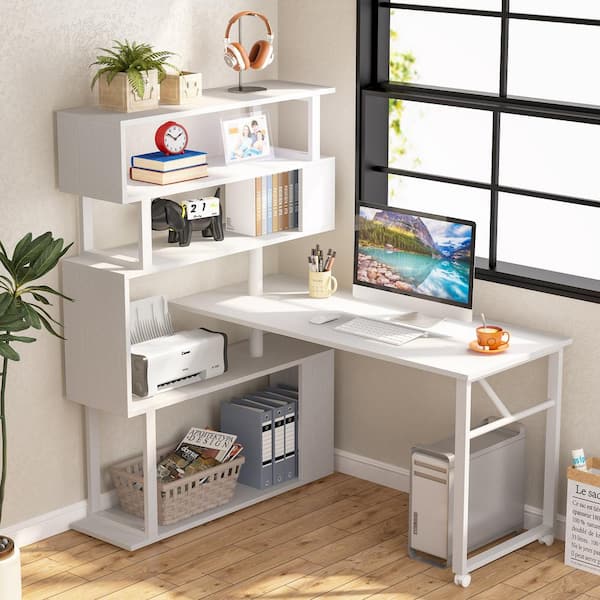 Lantz 47.24 in. L Shaped White Wood and Metal Rotating Computer Desk with 5 Shelves Bookshelf