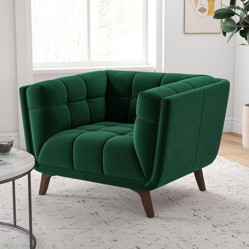 Allen Dark Green Velvet Tufted Lounge Chair with Wood Frame