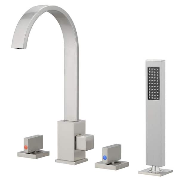 Single-Handle Tub Deck Mount Roman Tub Faucet with Hand Shower in Brushed Nickel