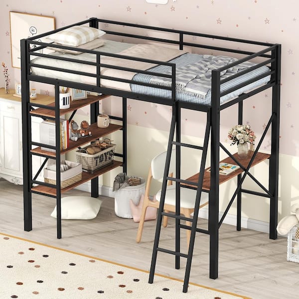 Harper & Bright Designs Black Metal Twin Size Loft Bed with Shelves and Desk