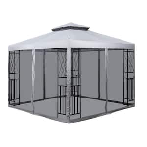 10 ft. x 10 ft. Light Gray Outdoor Patio Gazebo With Ventilated Double Roof, Mosquito Net and Corner Shelves