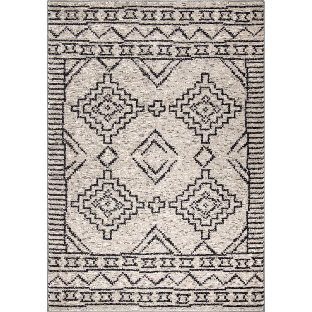 Gray and Black Rectangular Synthetic Southwestern Area Rug