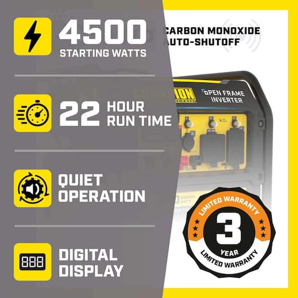 4500/3650-Watt Recoil Start Gasoline Powered Open Frame Inverter Portable Generator with Quiet Technology and CO Shield