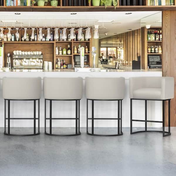 LUE BONA 26 in. Cream-Grey and Black Low Back Bar Stool with Metal Frame Counter Height Linen Fabric Counter Stool(Set of 4)
