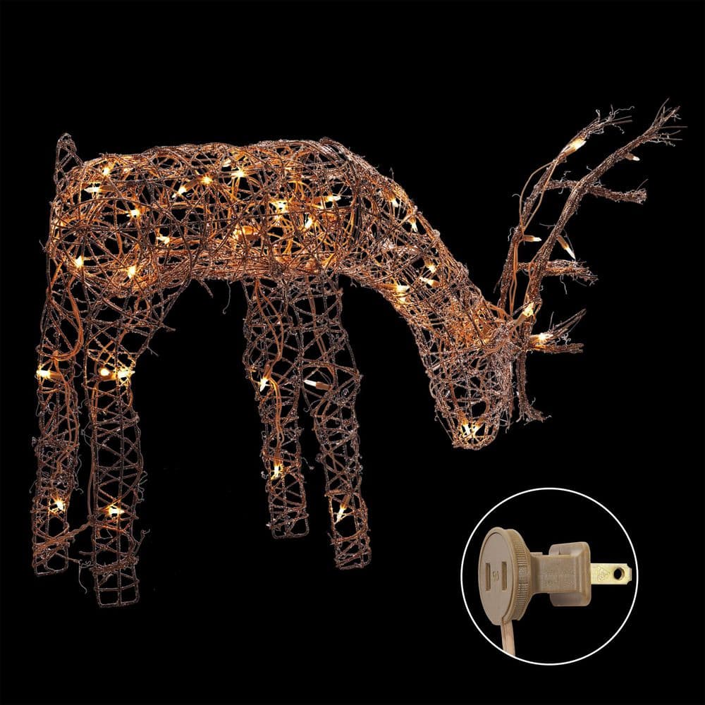 24" Warm White Pre-lit Rattan Reindeer Statue