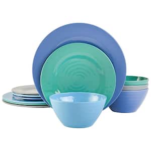 Brela 12 Piece Round Melamine Dinnerware Set in Assorted Blue