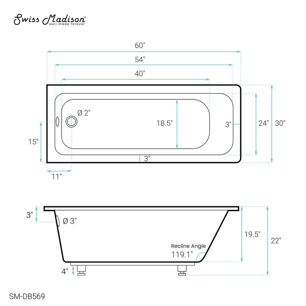 Voltaire 30" White Acrylic Drop-In Bathtub