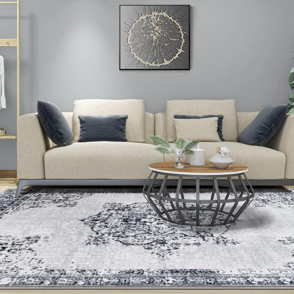 Gray 4'x6' Distressed Medallion Synthetic Non-Slip Area Rug