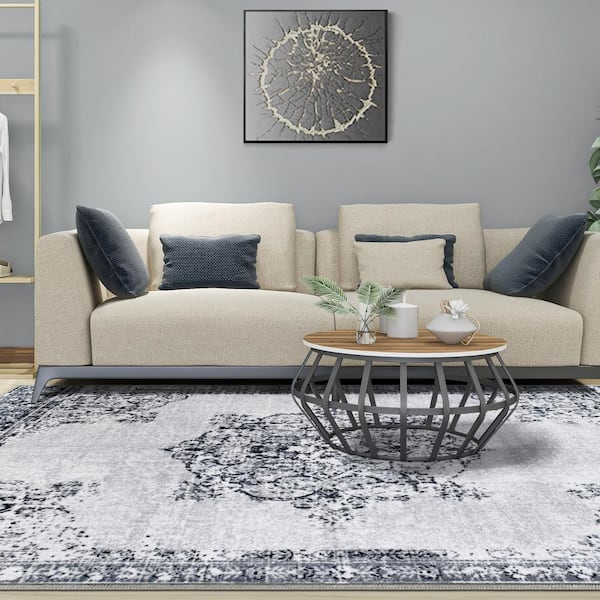 Decklan Grey 4 ft. x 6 ft. Traditional Floral Nylon Non-Slip Area Rug