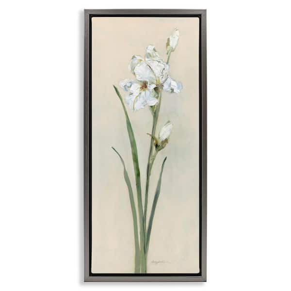 Simple Iris on Beige by Sally Swatland Gray Floater Frame Nature Graphic Art Print 31 in. x 15 in.