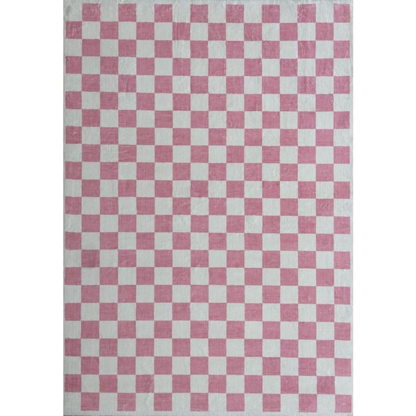8 ft. x 11 ft. Pink Metro Checkered Blush Non-Toxic, Child and Pet Safe-Indoor for Kids, Area Rug